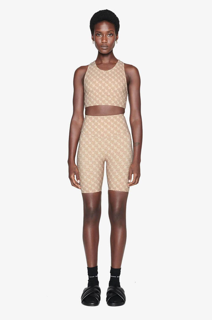 ANINE BING tan biker shorts with AB monogram print