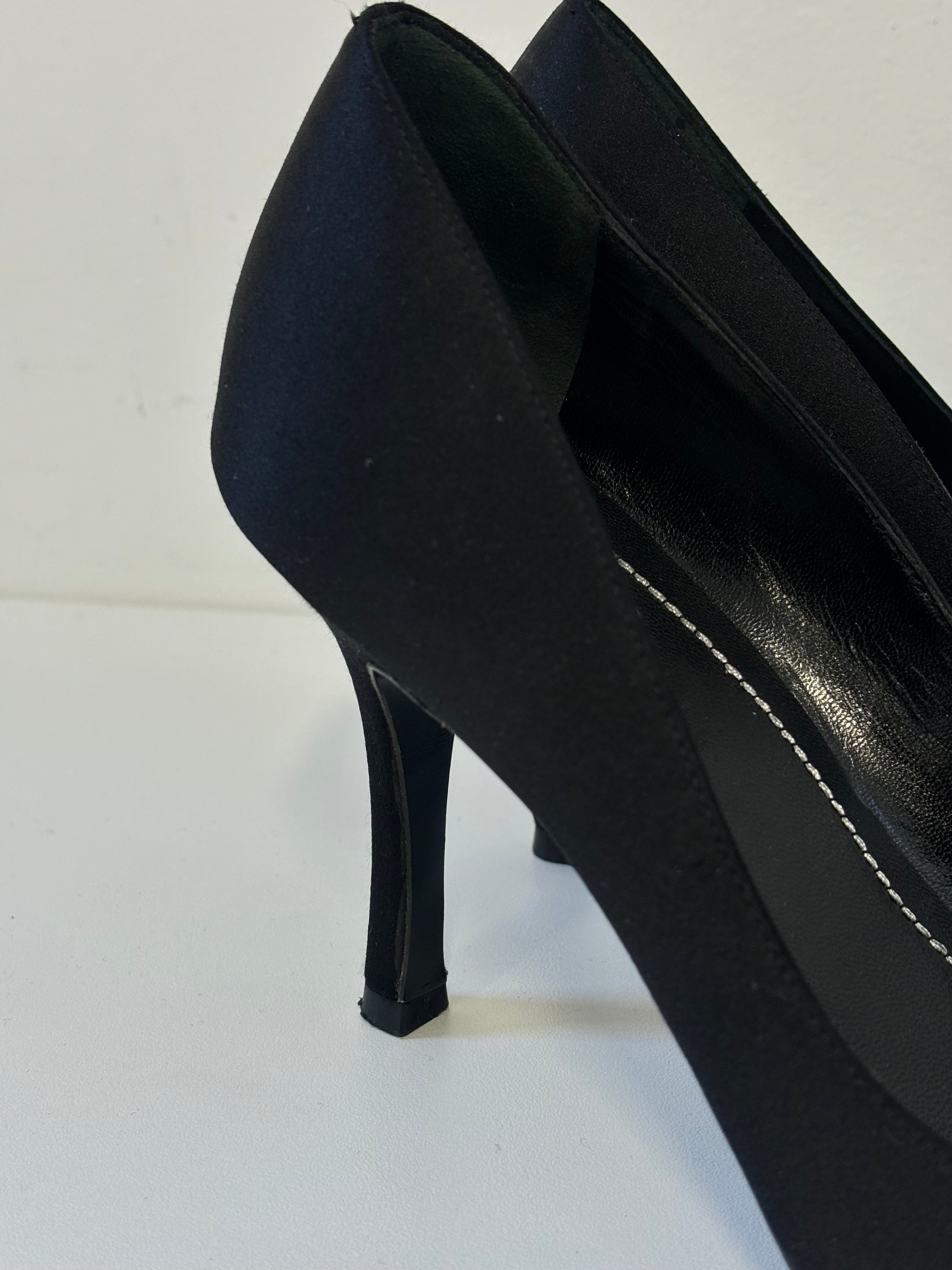RENE CAOVILLA black satin closed toe heels with floral sparkle gem laces