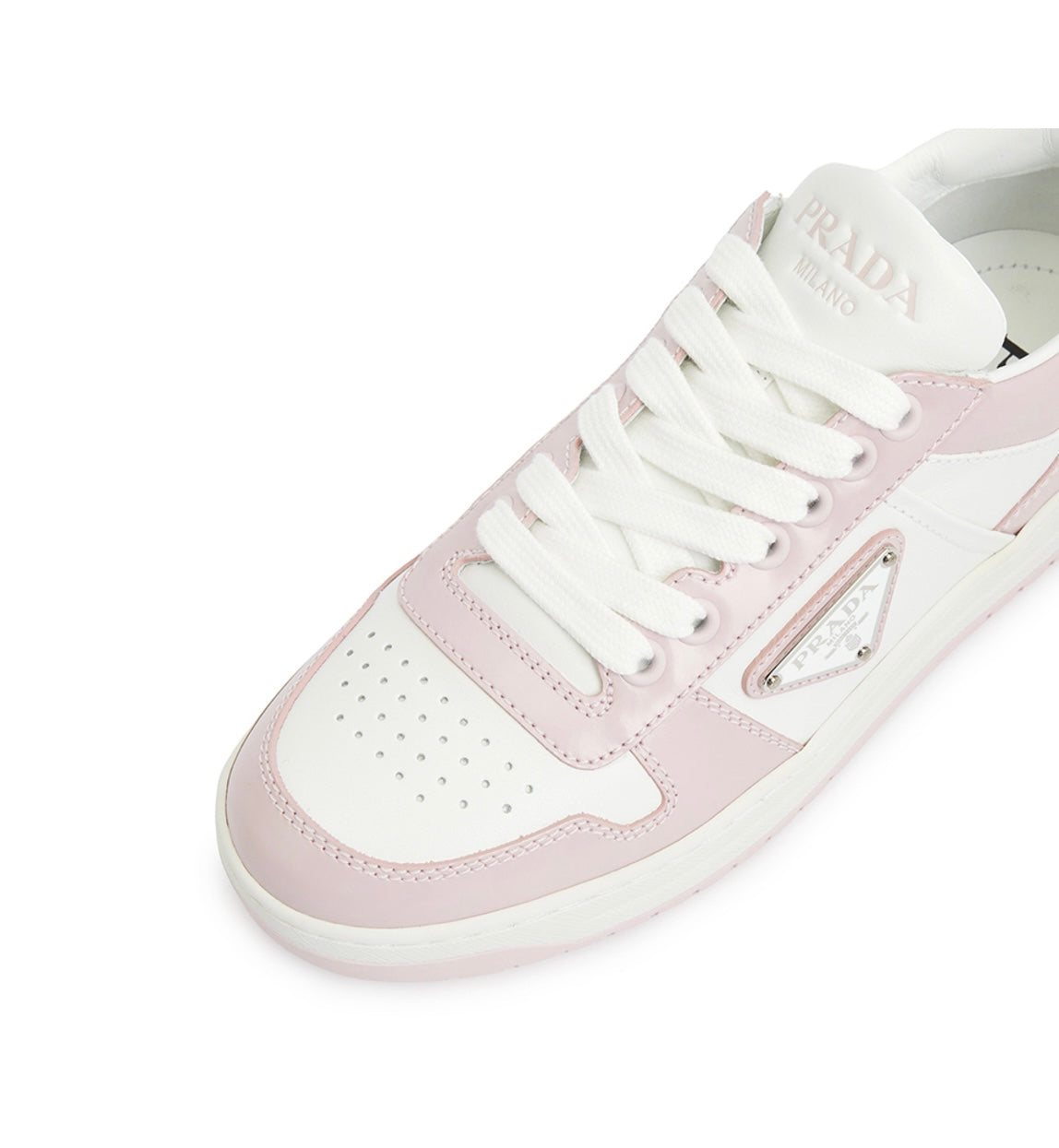 PRADA DOWNTOWN LOW TOP SNEAKERS IN PINK & WHITE
