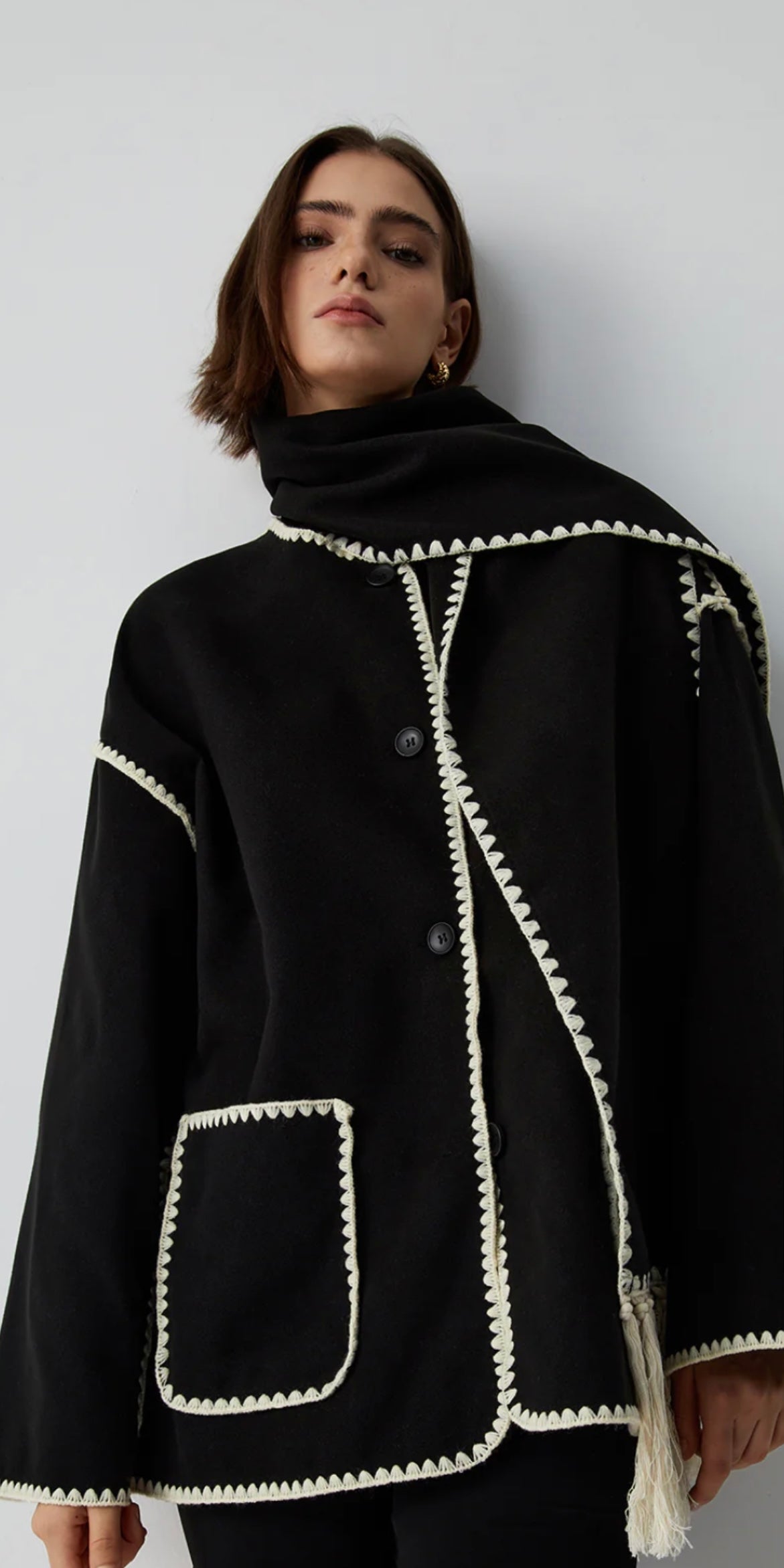 COMMENSE - Contrast Trim Jacket With Matching Scarf