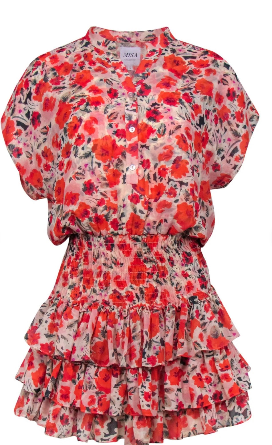 MISA LOS ANGELES- Pink & Red floral Print Cap Sleeve Ruffled Dress