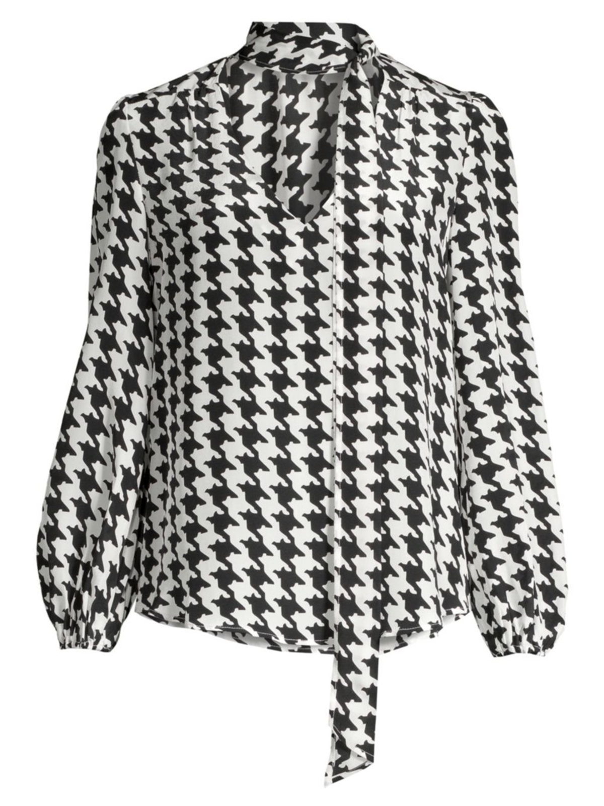 RIXO long sleeve blouse, black and white houndstooth blouse, neck tie