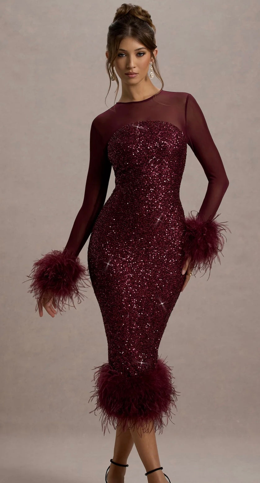CLUB LONDON AFTERGLOW
PORT SEQUIN LONG-SLEEVE MIDI DRESS WITH FEATHER TRIMS