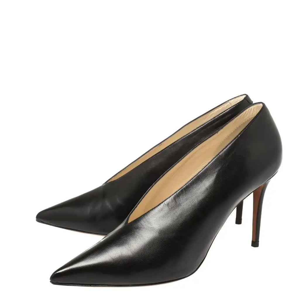 Celine - Black Leather V Neck Pointed Toe Pumps