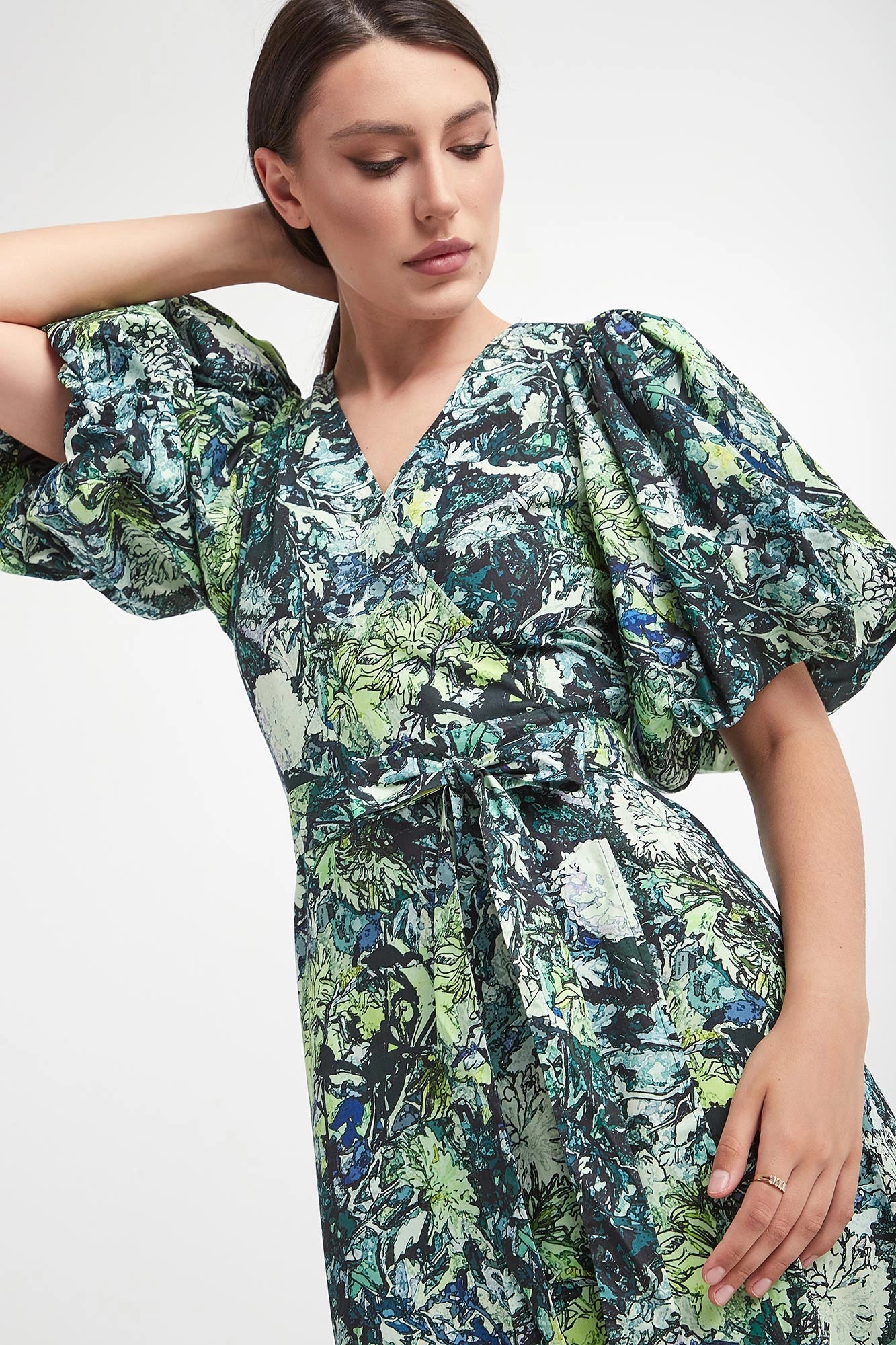 GESTUZ Caragz Wrap dress, puff sleeve maxi dress with green floral print