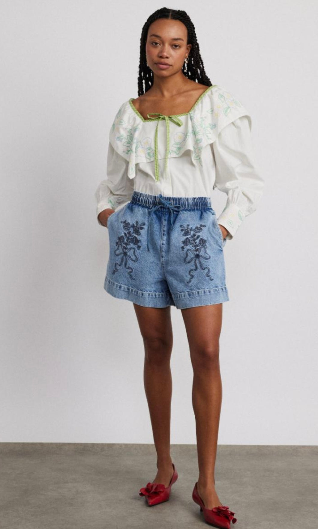 Damson Madder Denim - Rafe Shorts - Bow Embroidery