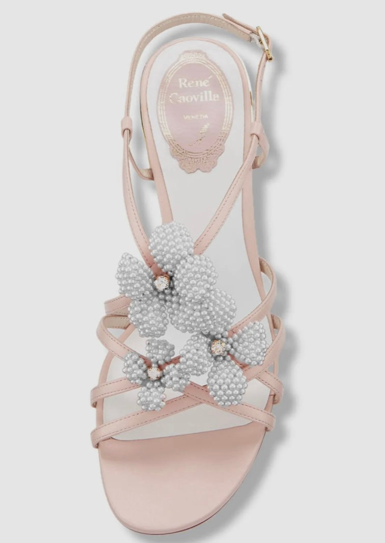 Rene Caovilla Women Pink Beaded Flower Chunky Sandals