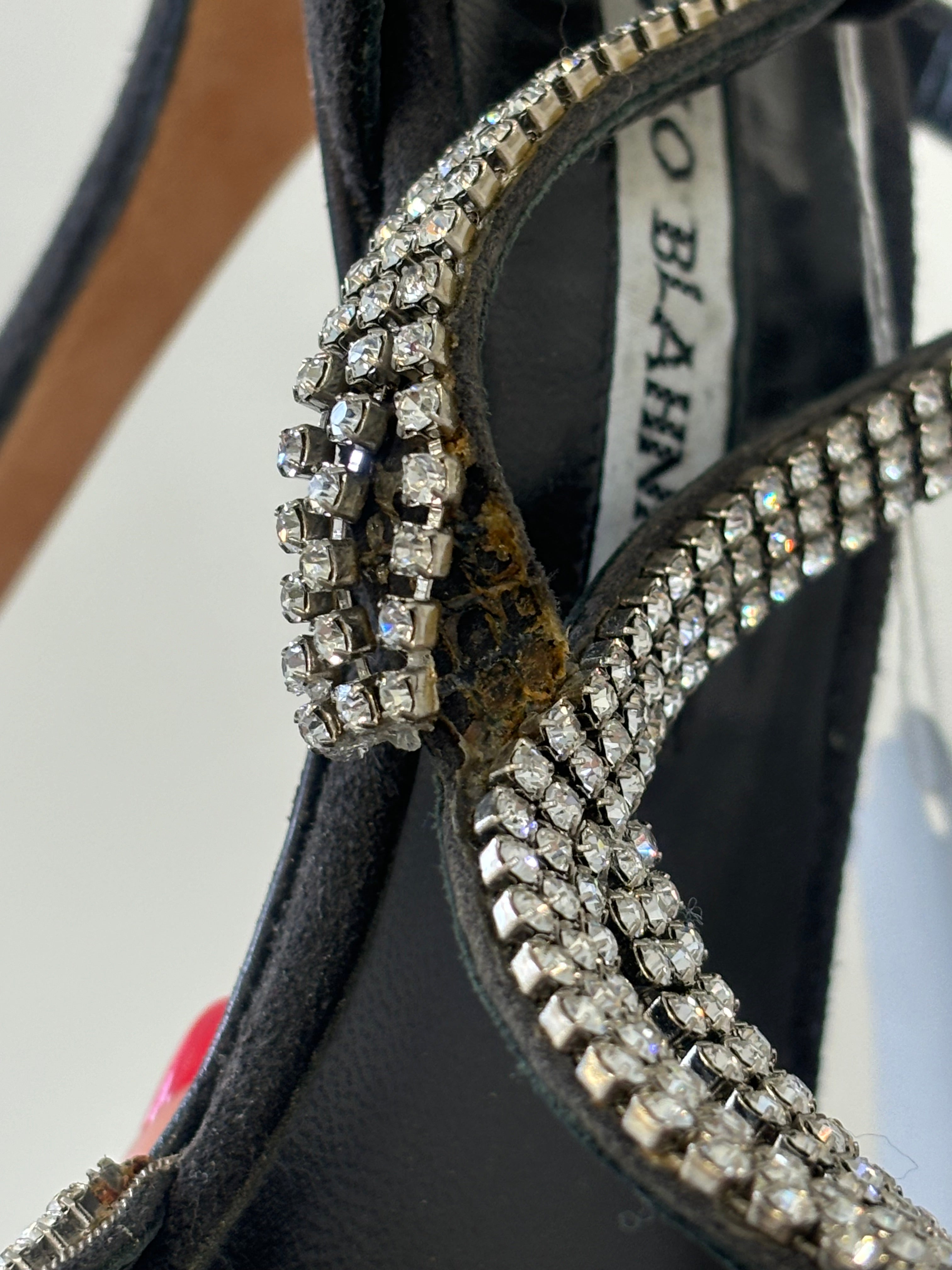 MANOLO BLAHNIK rhinestone, gold chain, and black suede heels