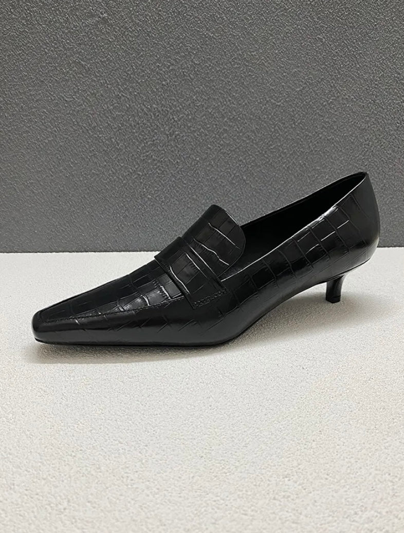 TOTEME - CROCODILE SQUARE TOE HEELED LOAFERS