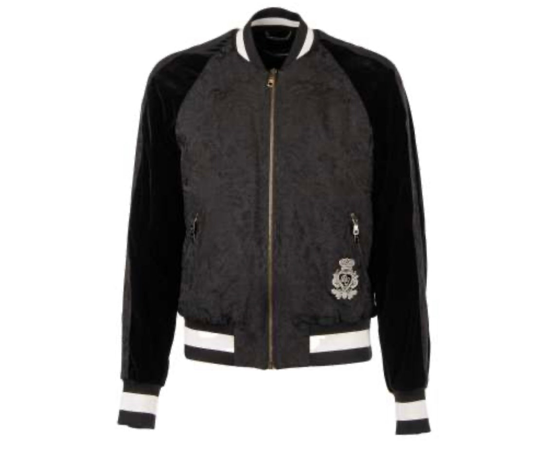 DOLCE & GABBANA KIDS - Velvet and Brocade Varsity Jacket with Embroidered Logo Black