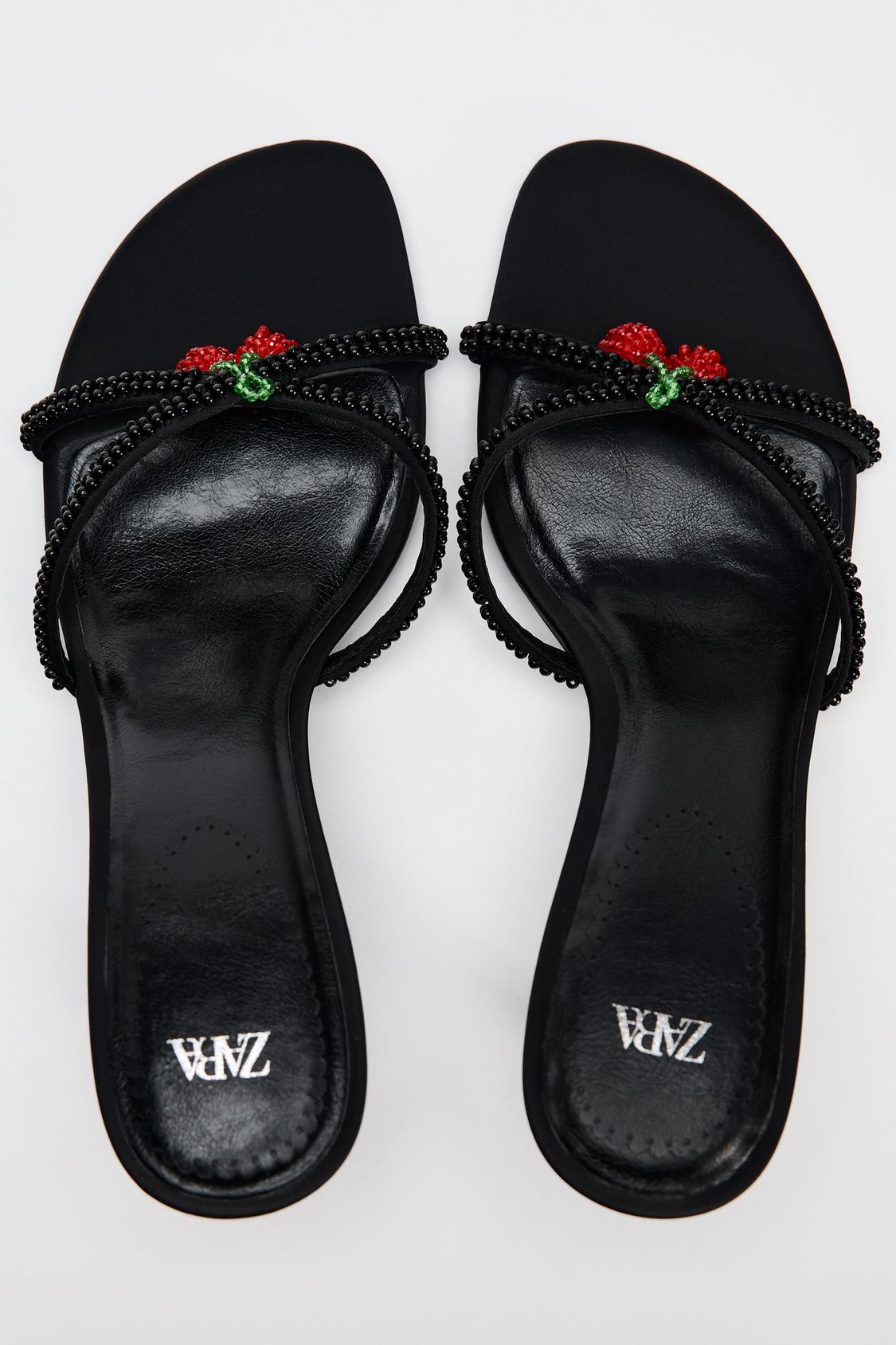 ZARA black beaded heels with cherry, w dust bag