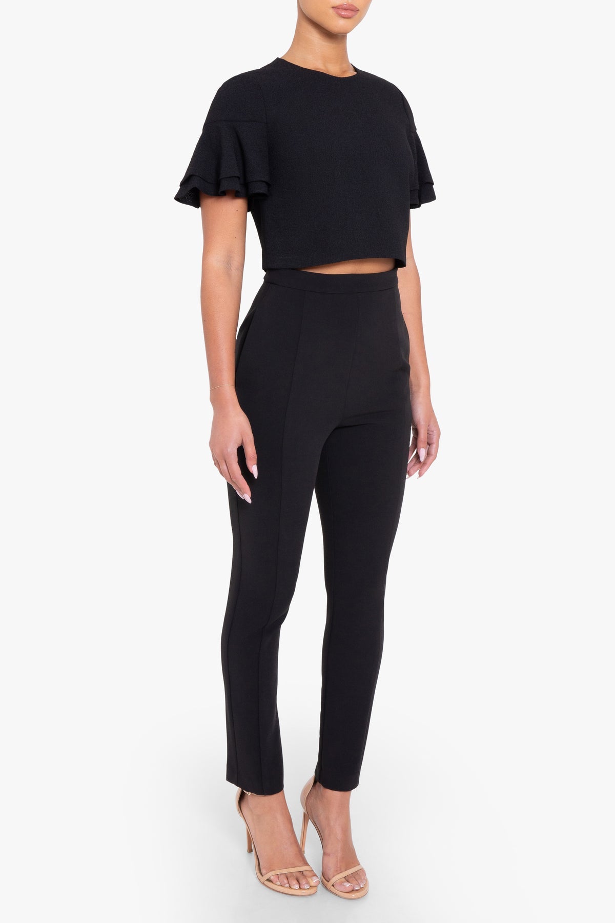 BLACK HALO black tee with ruffled sleeve and pants