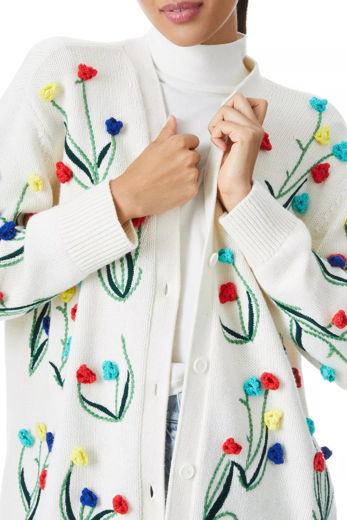 ALICE + OLIVIA cream cardigan with embroidered 3D flowers