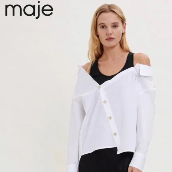 MAJE white poplin top with black tank and buttons