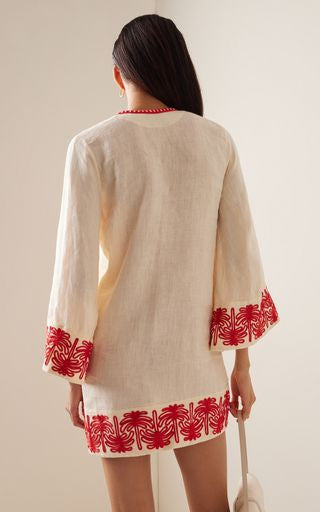 JOHANNA ORTIZ CREAM LINEN DRESS WITH RED EMBROIDERY