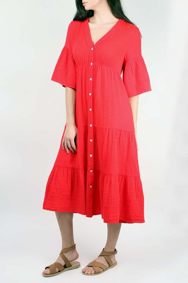 XIRENA red short sleeve button up gauze midi dress