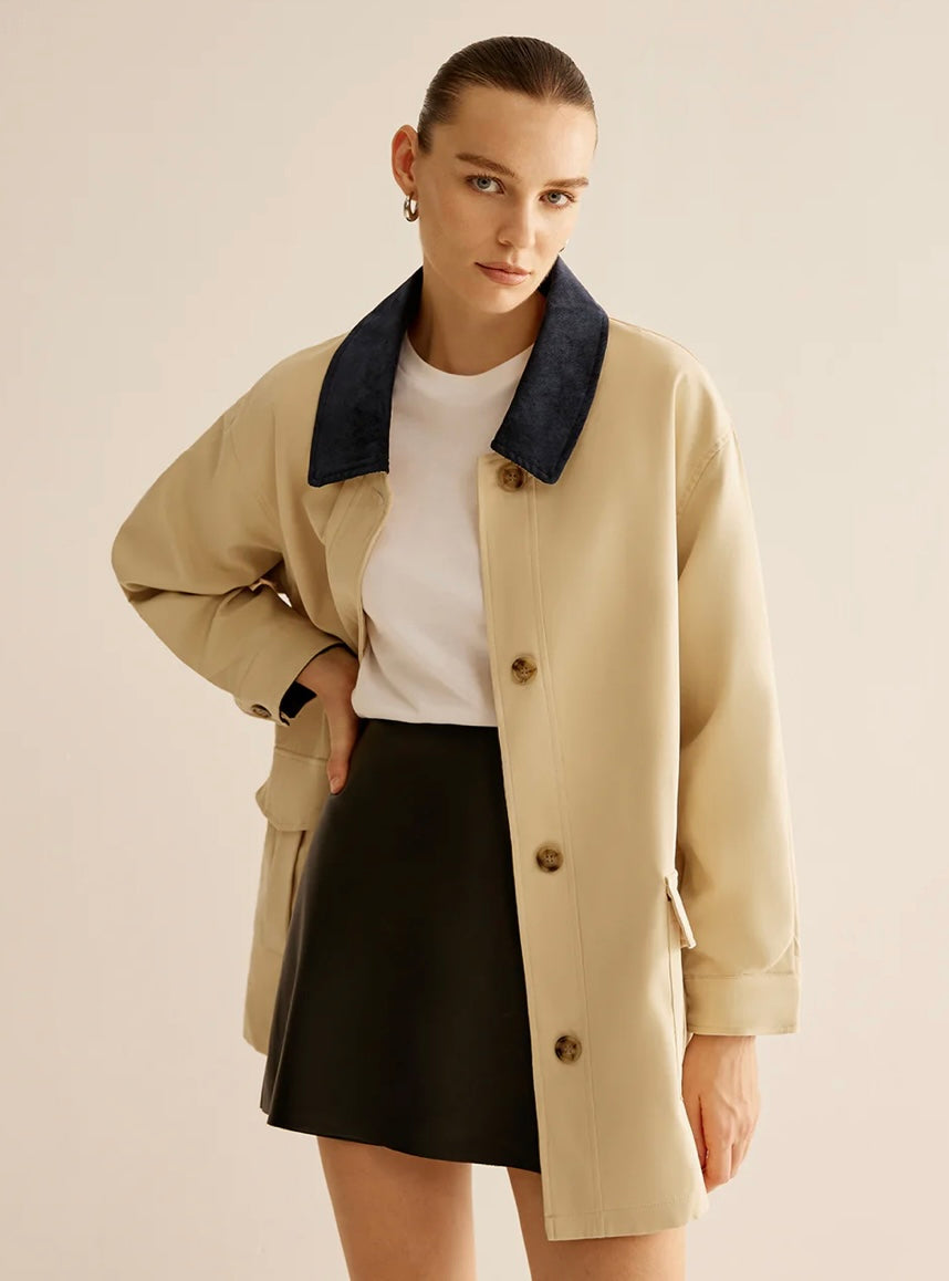 COMMENSE Oversized Cotton Contrast Collar Button Jacket