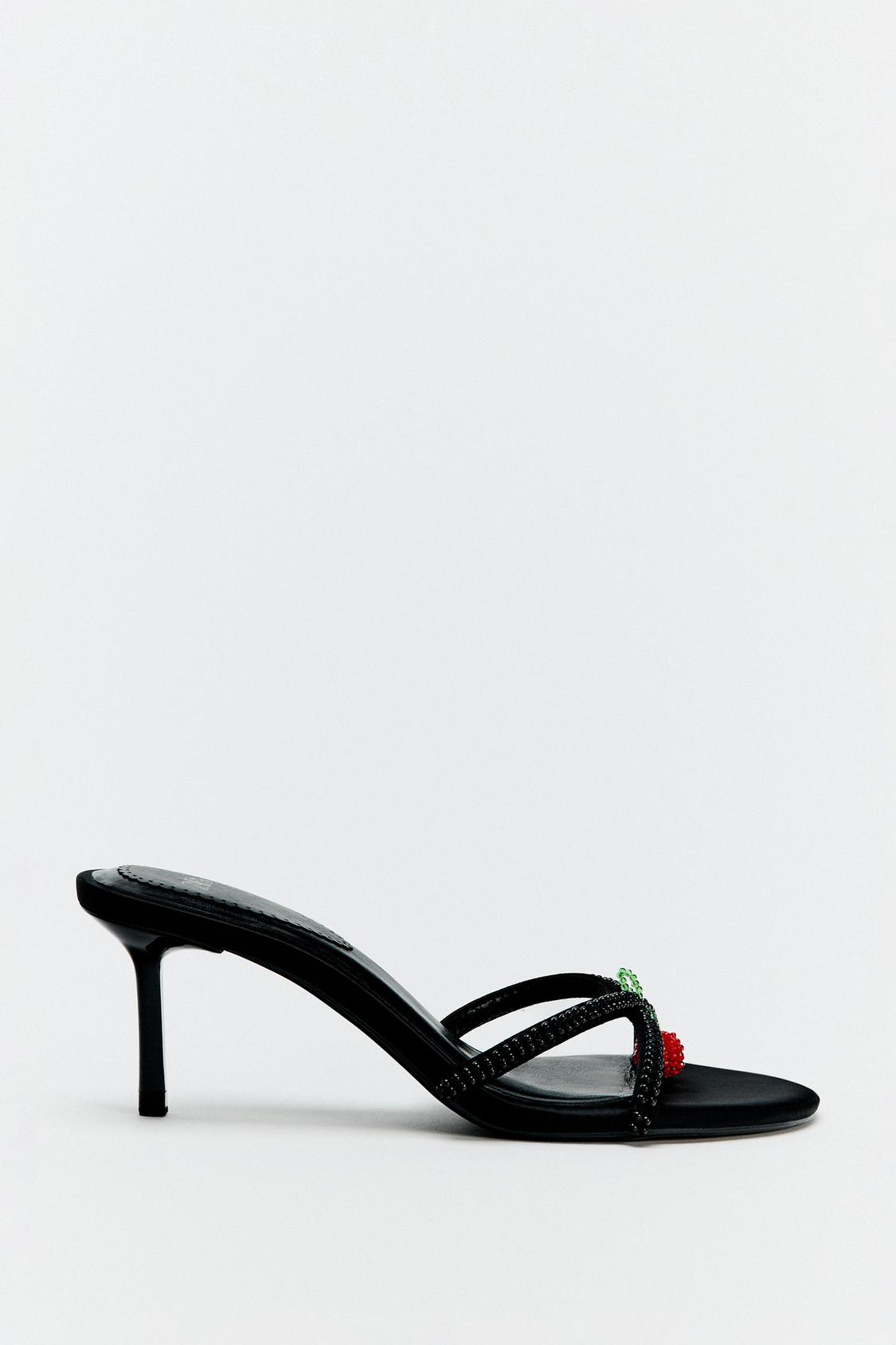 ZARA black beaded heels with cherry, w dust bag