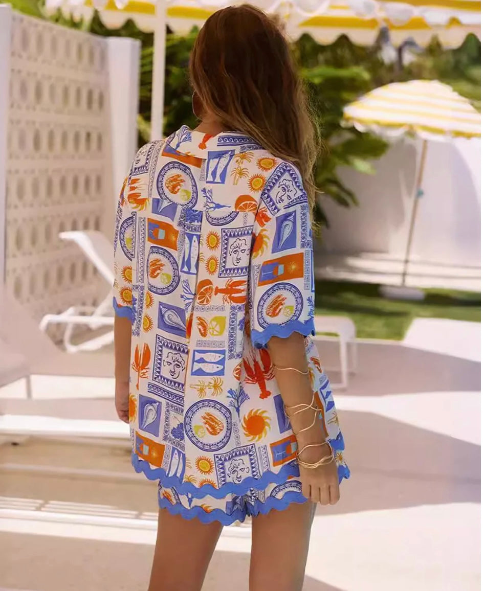 Commense - Printed Button Down Shirt With Shorts Set