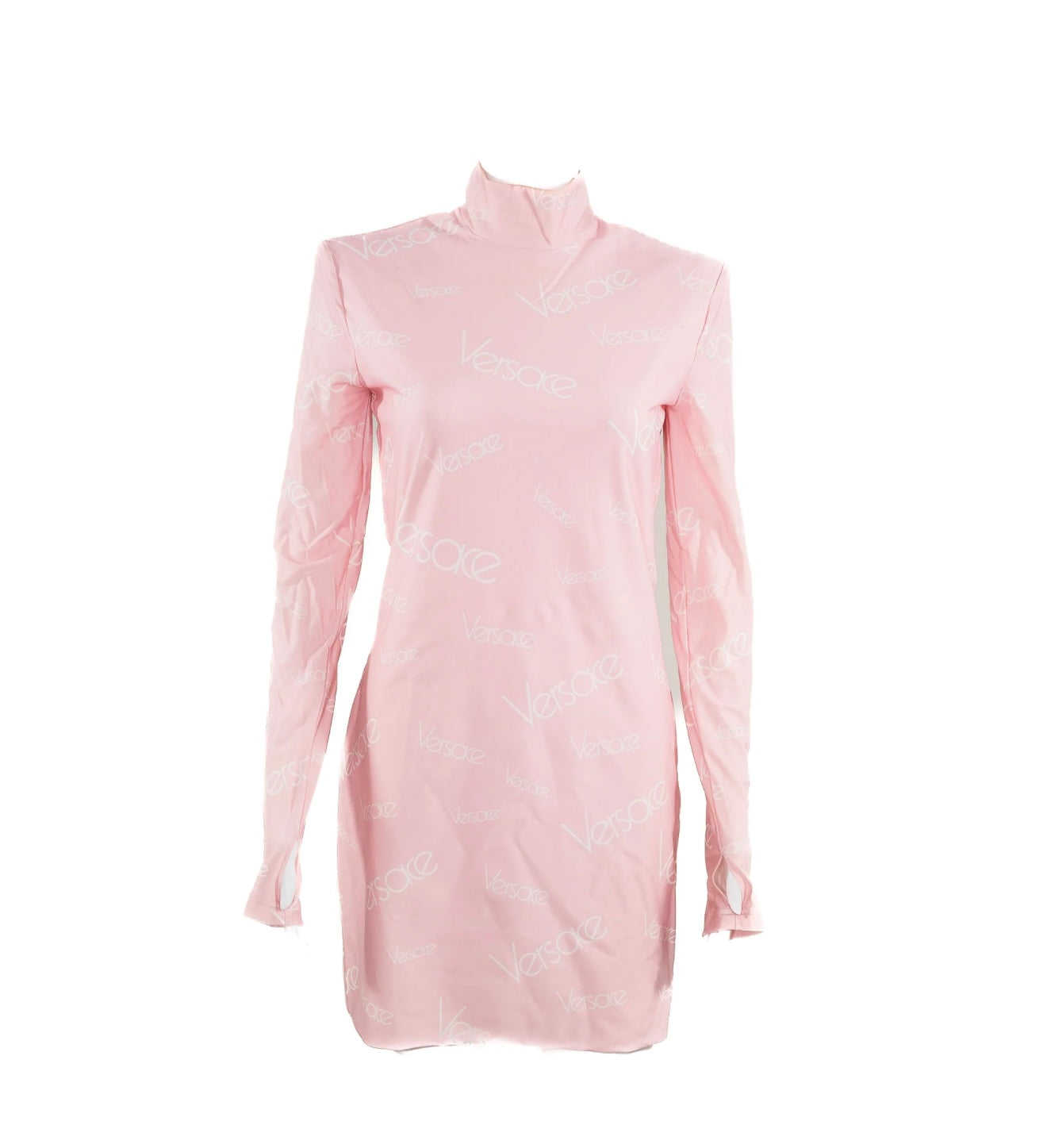 Versace Pink High-Neck Logo Longsleeve Dress