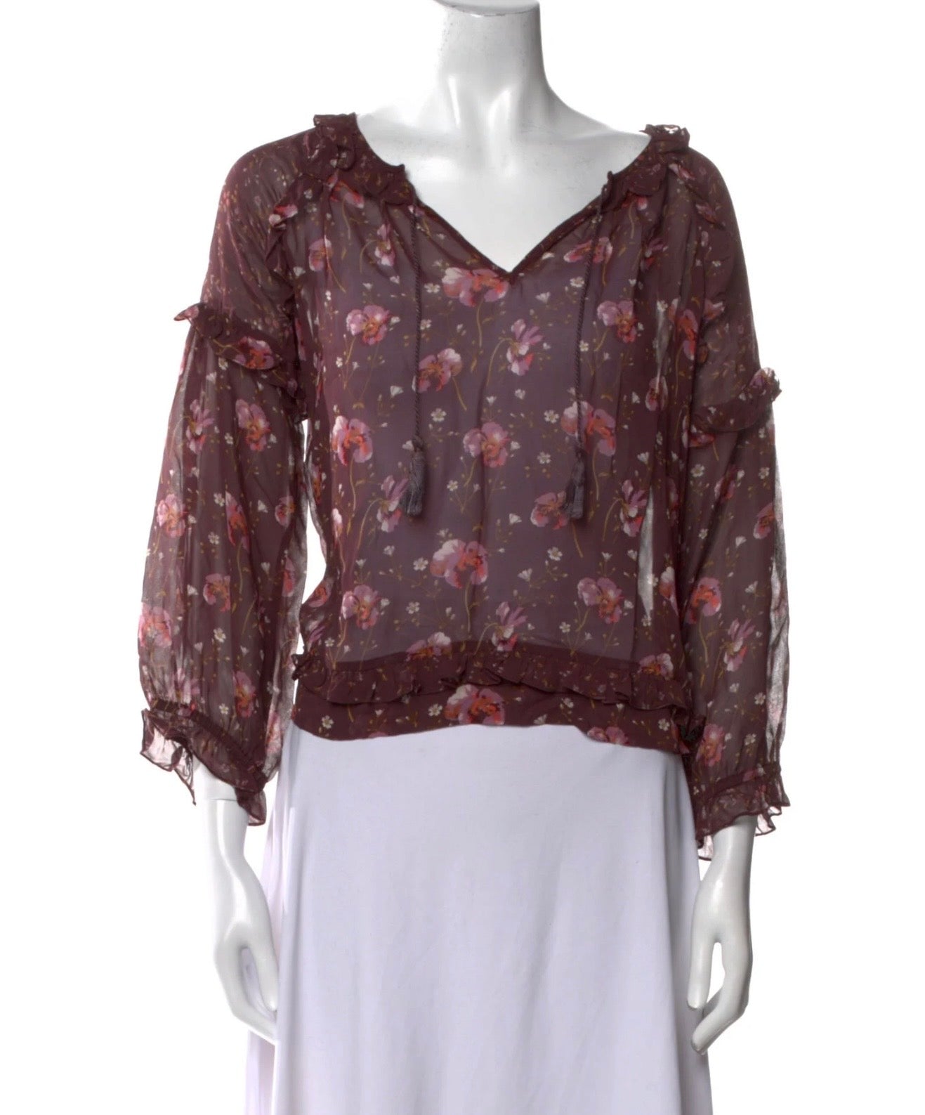 ULLA JOHNSON purple floral silk sheer 3/4 sleeve v neck top