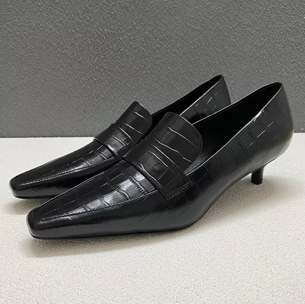 TOTEME - CROCODILE SQUARE TOE HEELED LOAFERS