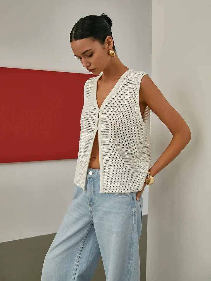COMMENSE white open knit vest