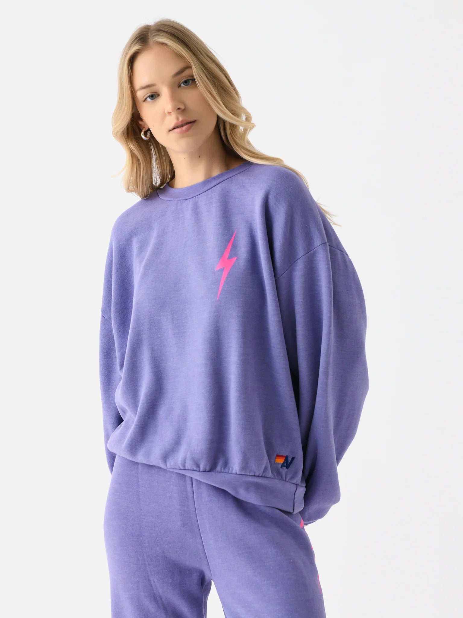 AVIATOR NATION purple crew neck w pink lightning bolt