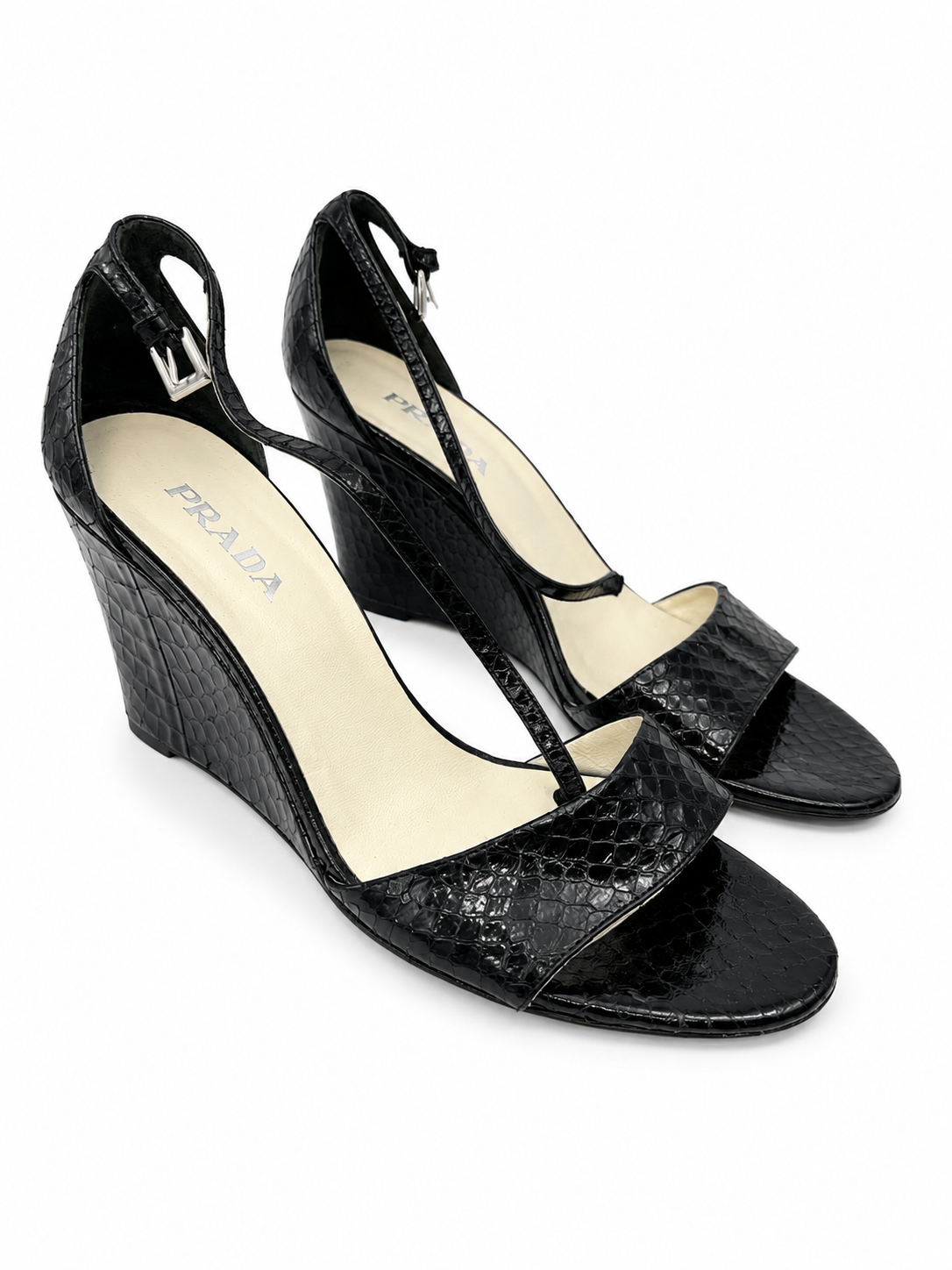 PRADA black patent snake skin wedges