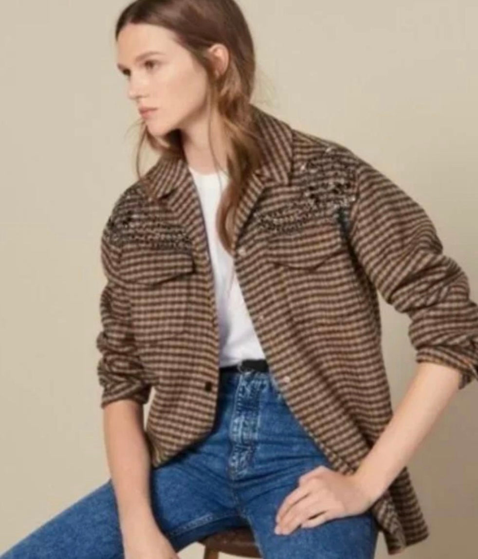 SANDRO - Plaid Jeweled Shacket
