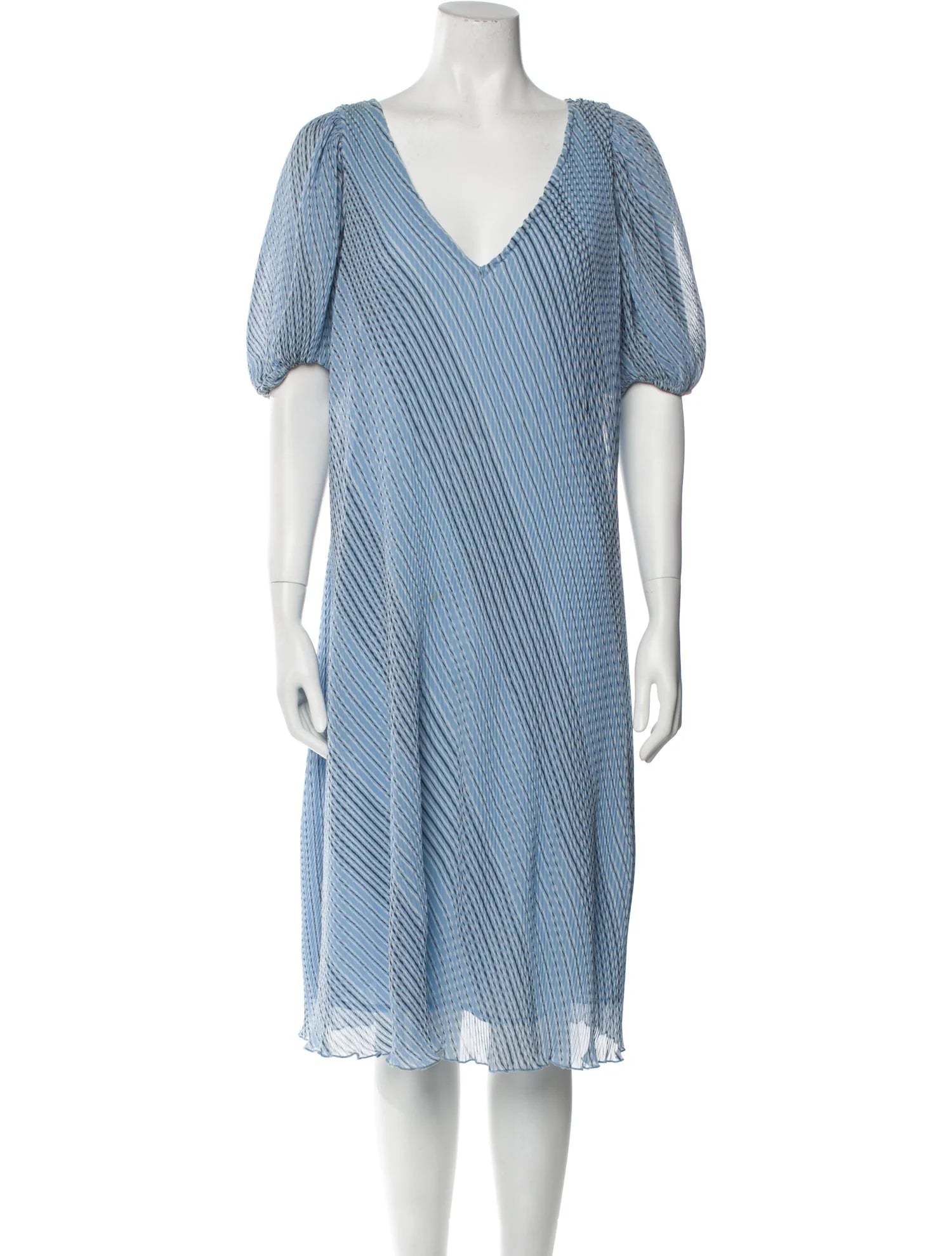 Ganni Light Blue Pleated Puff Sleeve Midi Dress