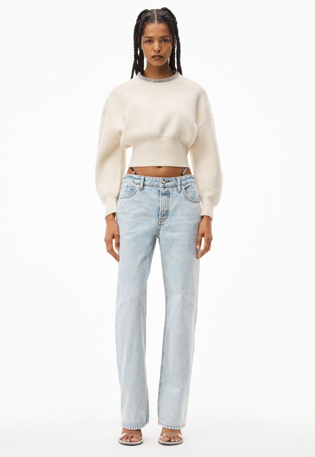 Alexander Wang CRYSTAL NECKLINE PULLOVER IN WOOL Ivory