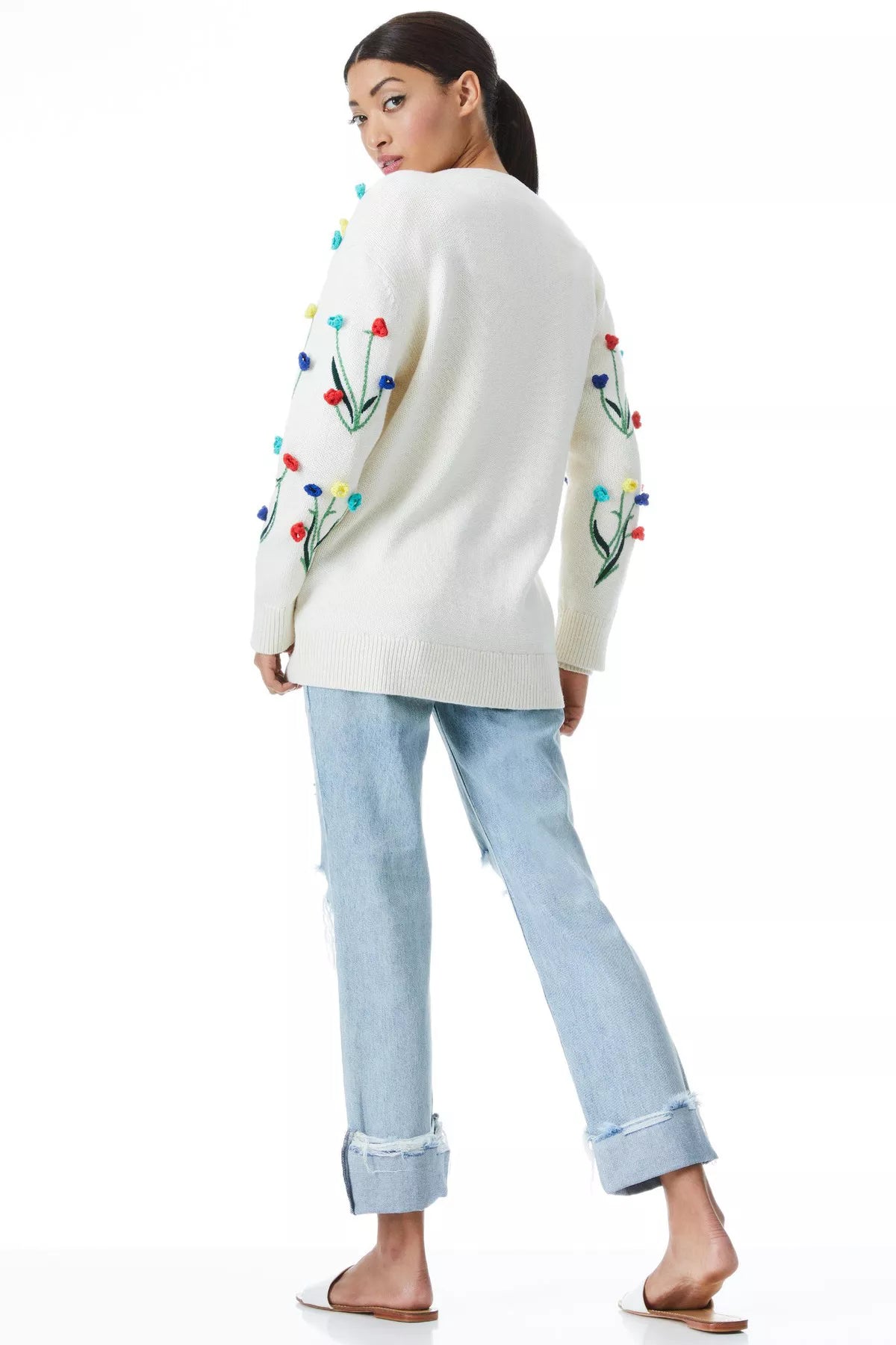 ALICE + OLIVIA cream cardigan with embroidered 3D flowers