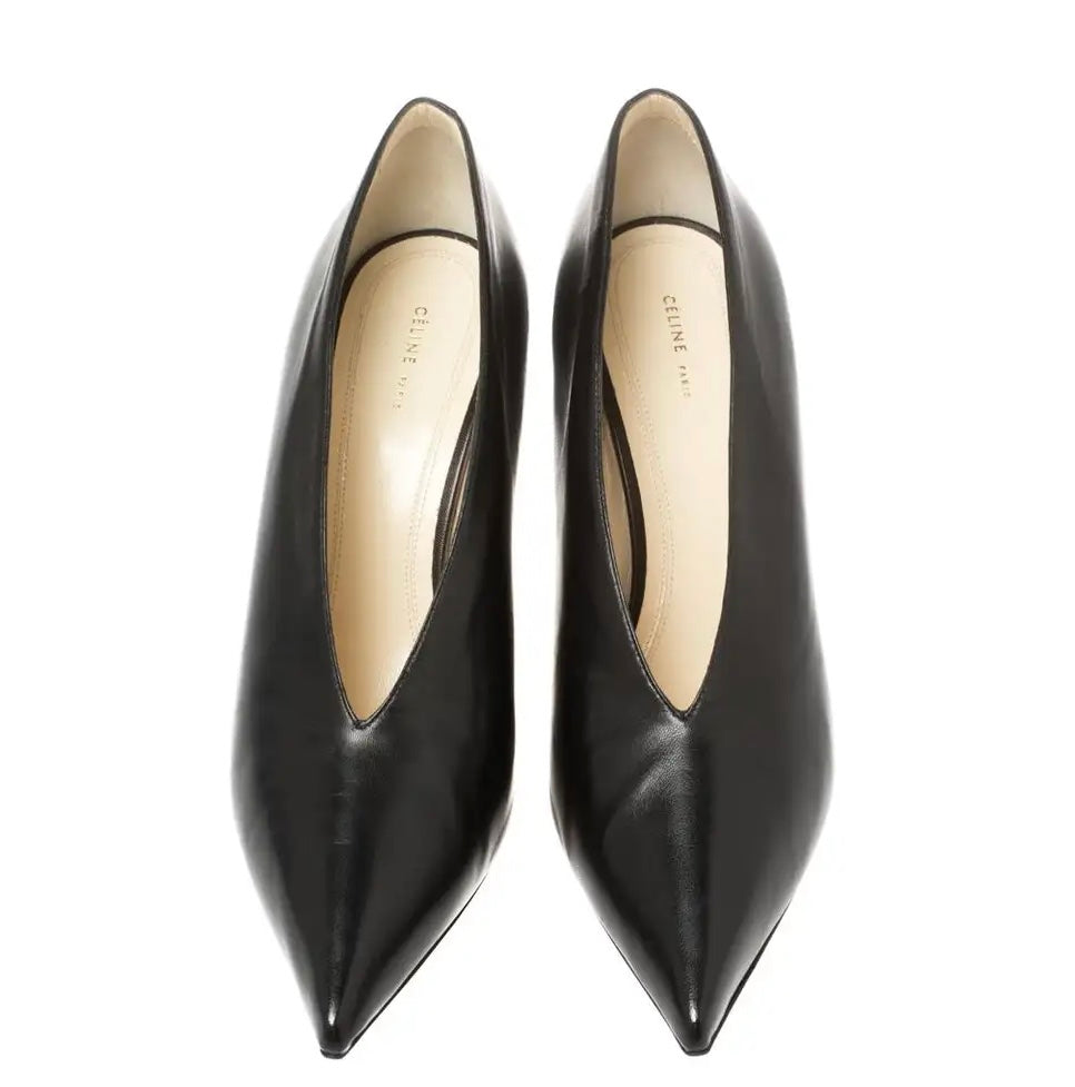 Celine - Black Leather V Neck Pointed Toe Pumps