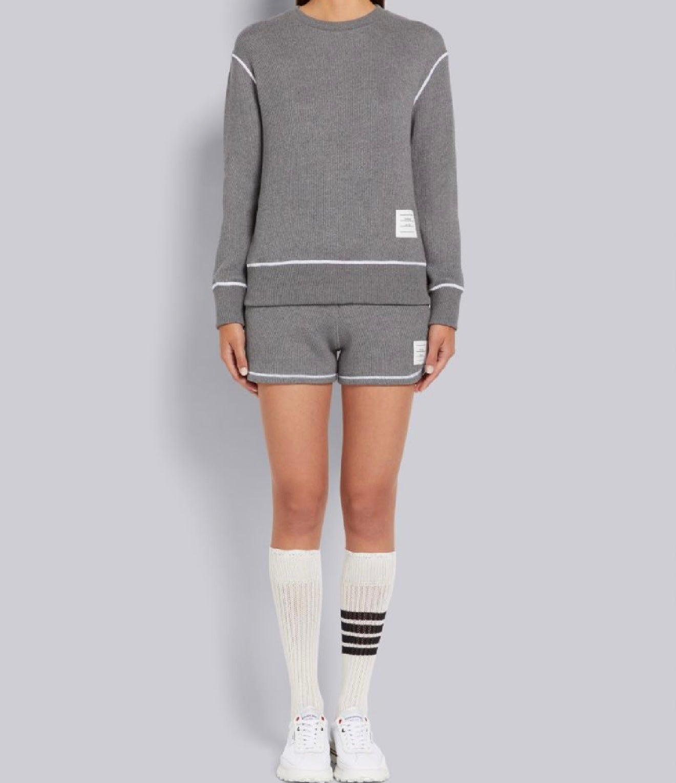 THOM BROWNE - GREY MESH BACK COTTON RIB CONTRAST COVER STITCH CREW NECK PULLOVER SWEATSHIRT