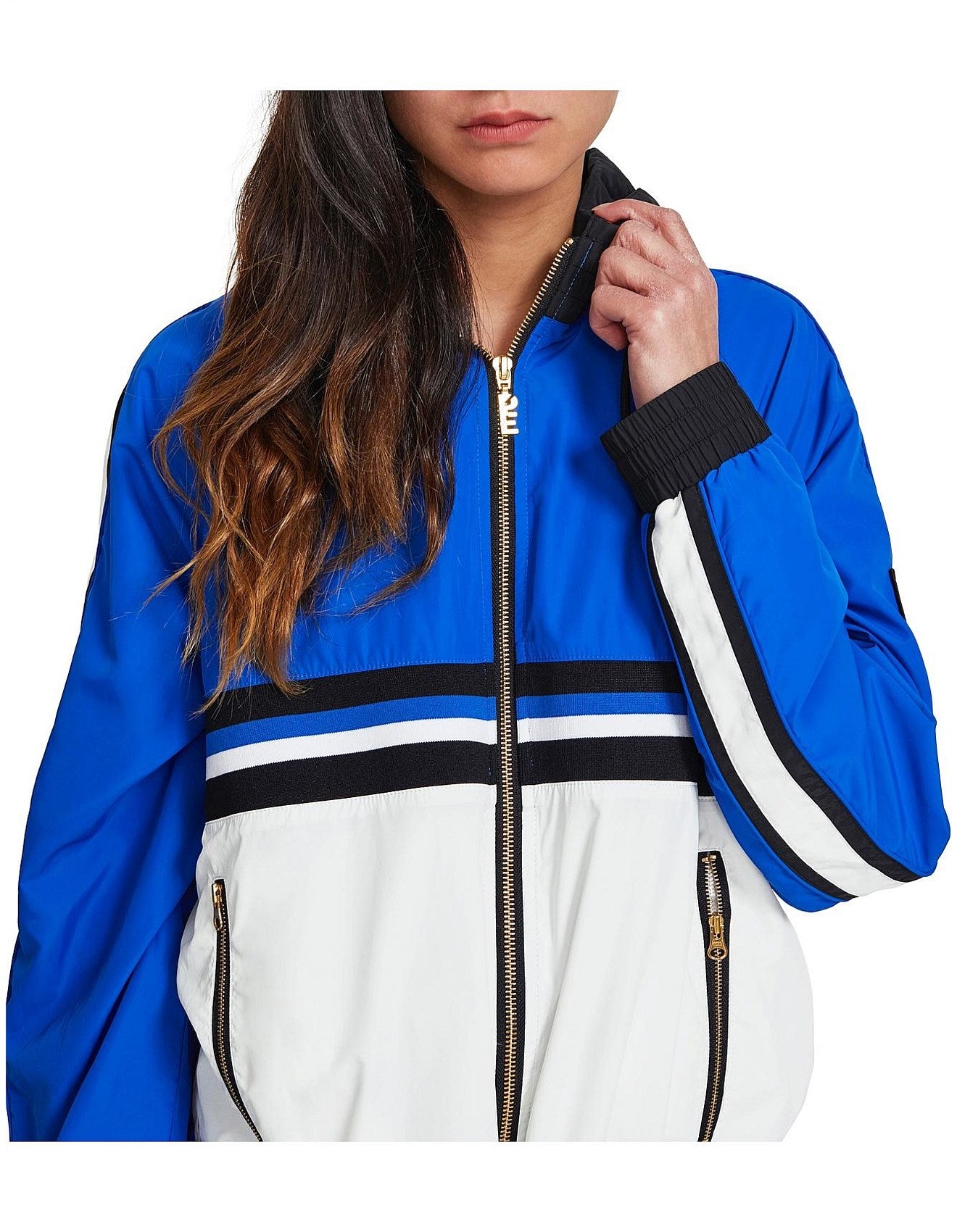 PE NATION nylon zip up jacket with hood, royal blue and white with stripe across center