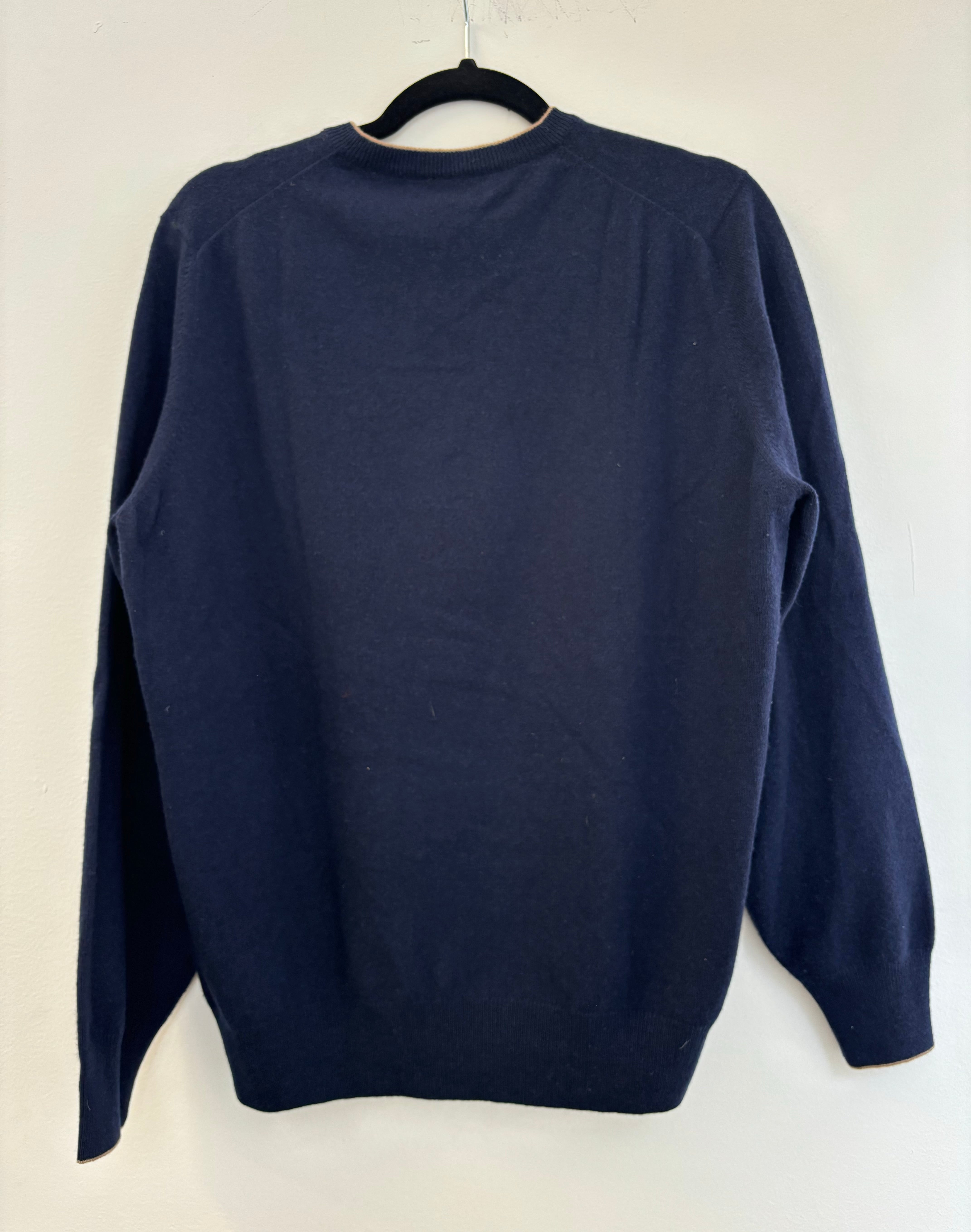 BRUNELLO CUCINELLI navy cashmere sweater with brown v neck trim