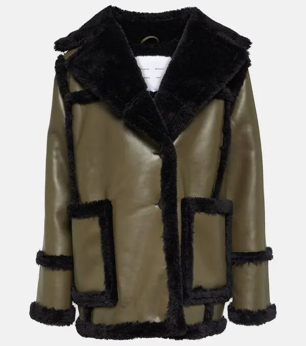 PROENZA SCHOULER WHITE LABEL green faux leather coat with black fur lapel and trim