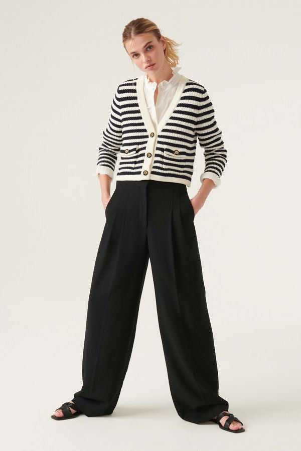 BA&SH navy and ivory cropped knit cardigan w gold and black buttons