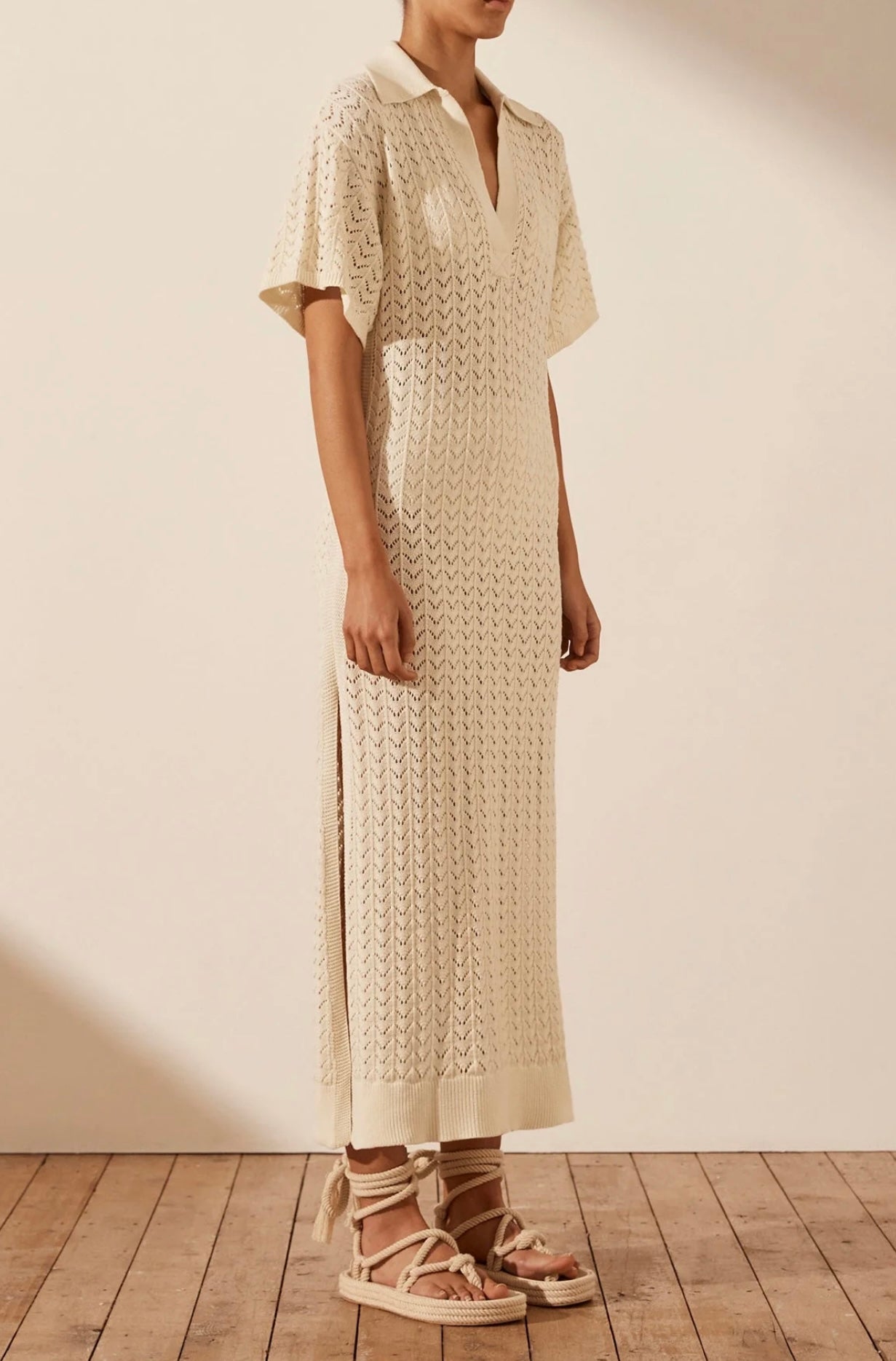 SHONA JOY - Mikala Crochet Polo Midi Dress - Coconut