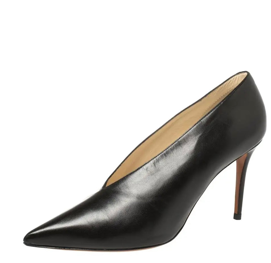 Celine - Black Leather V Neck Pointed Toe Pumps