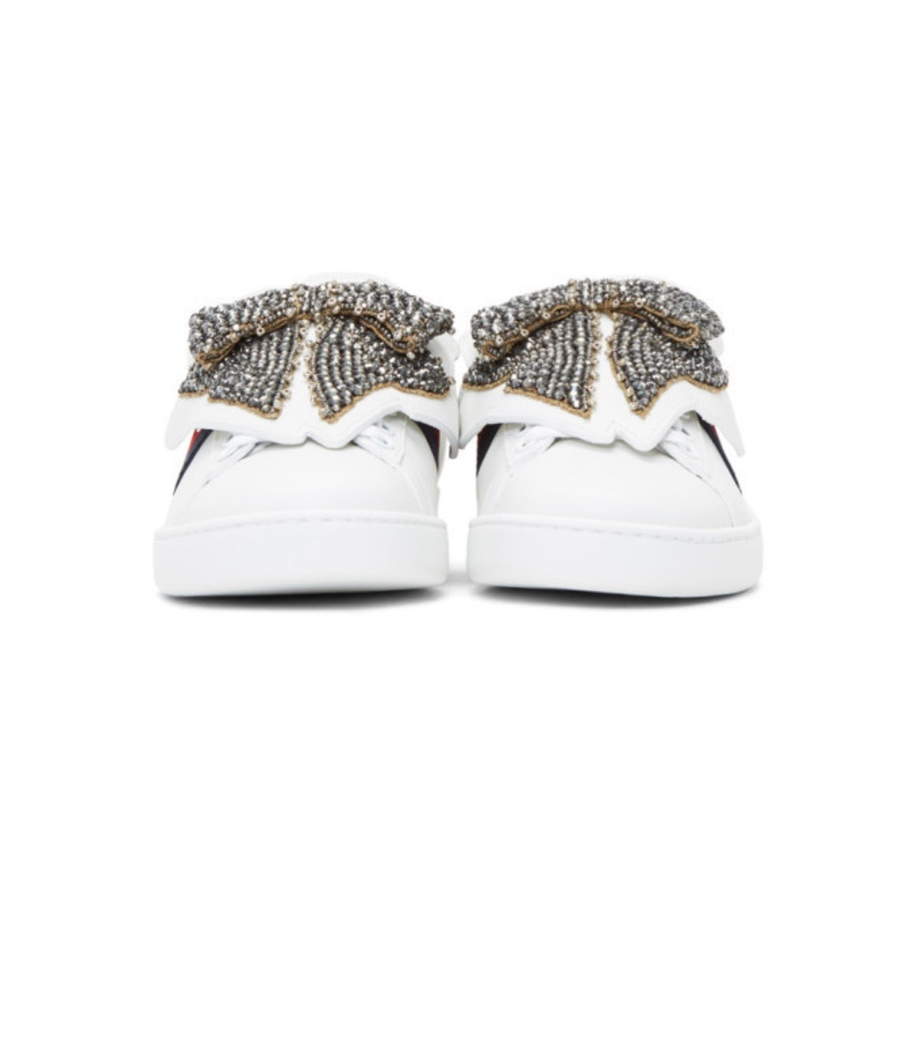 GUCCI white sneaker with jewel bow, w dust bags and box