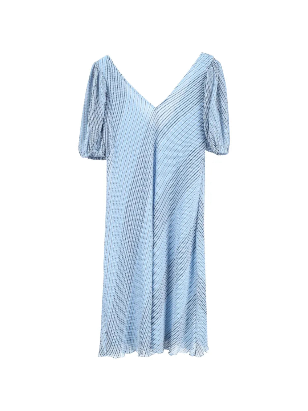 Ganni Light Blue Pleated Puff Sleeve Midi Dress