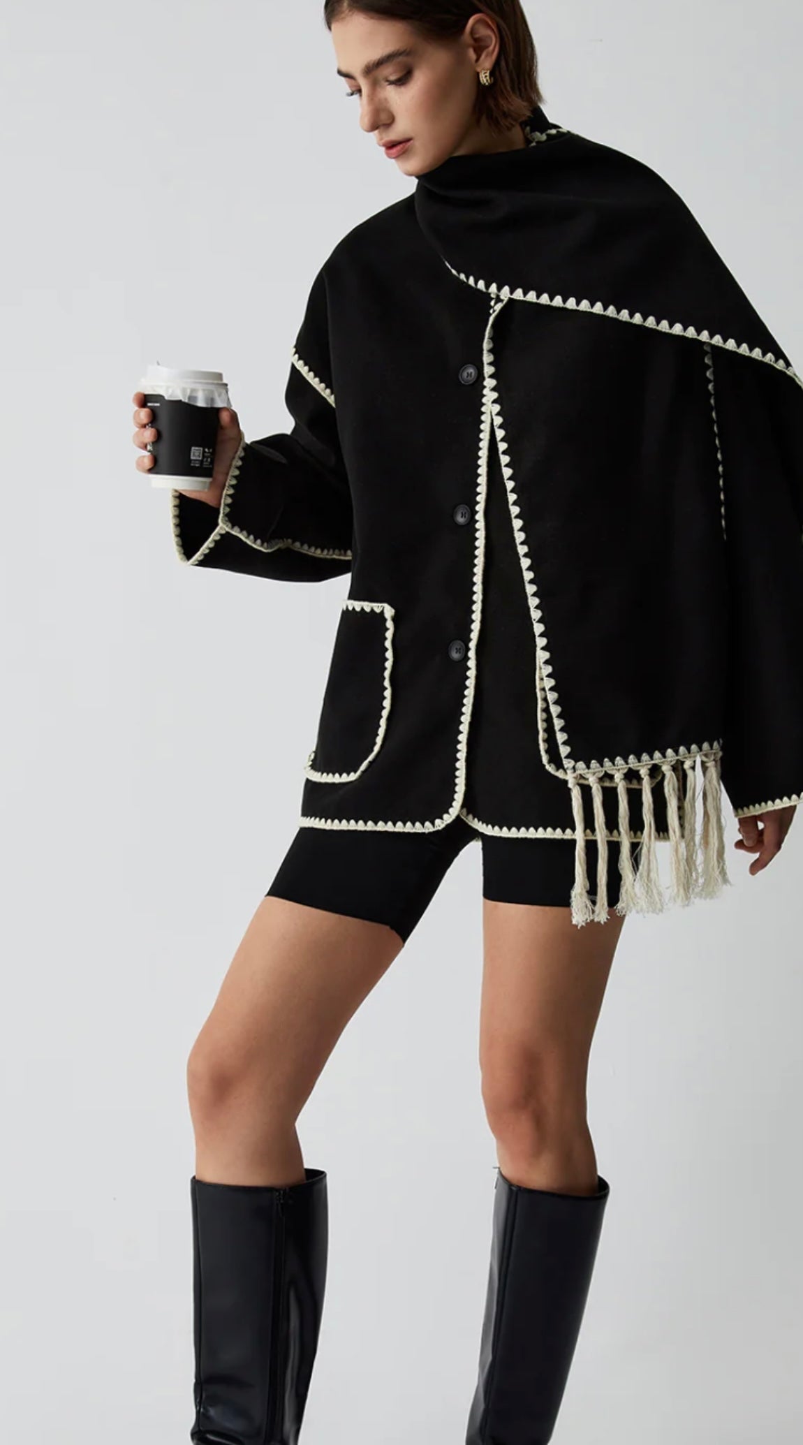 COMMENSE - Contrast Trim Jacket With Matching Scarf