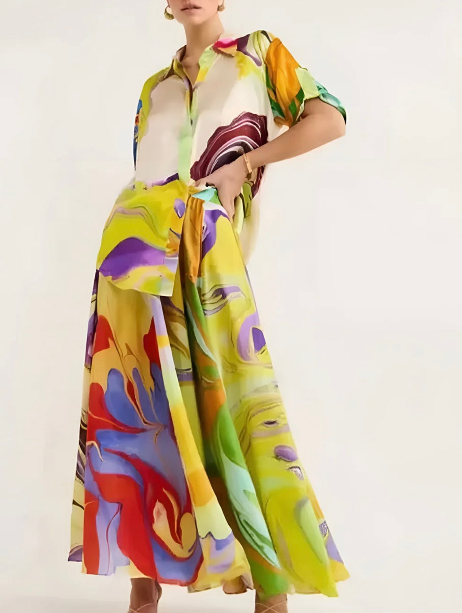 Commense - Satin Print Drawstring Skirt Set