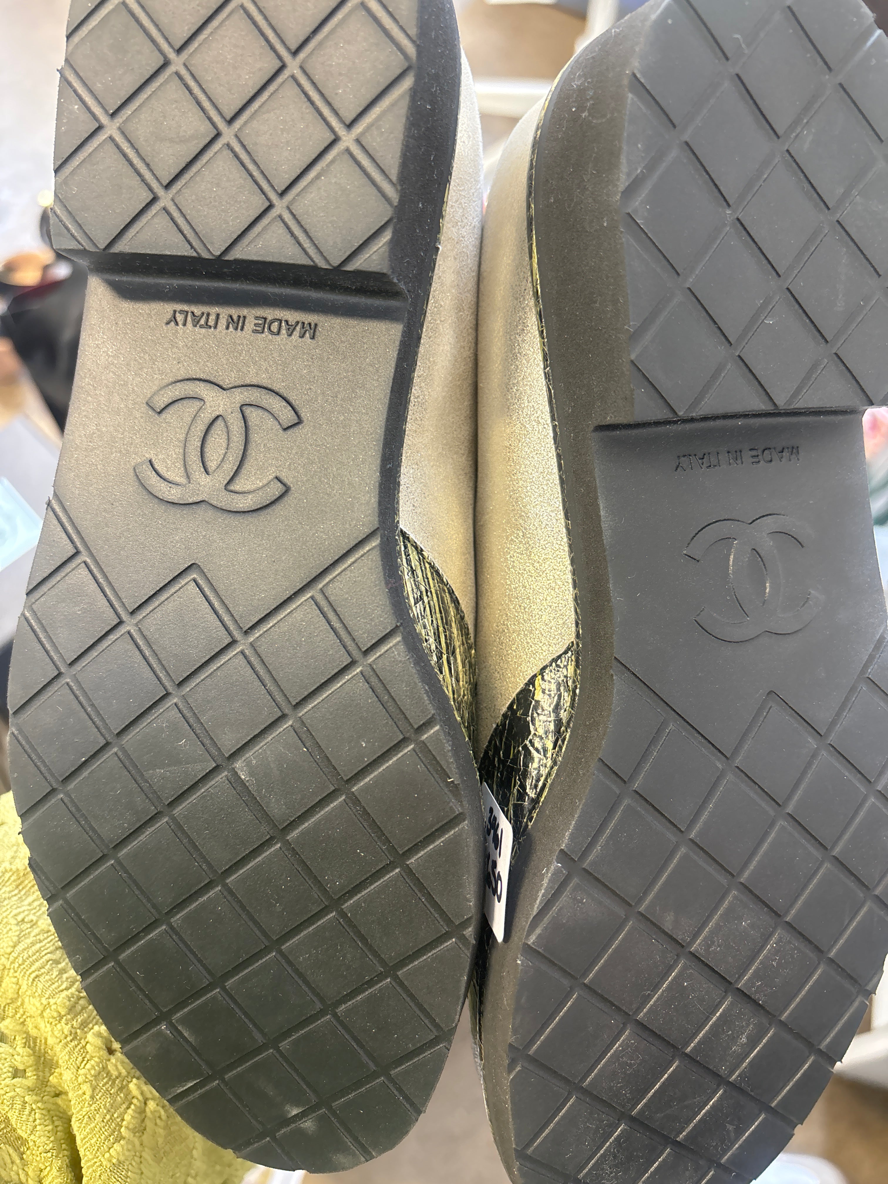 CHANEL womens dress shoe, gold with black pattern toe