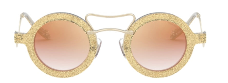 MIU MIU 02VS gold glitter sunglasses with rose gold round mirror frames, O/S