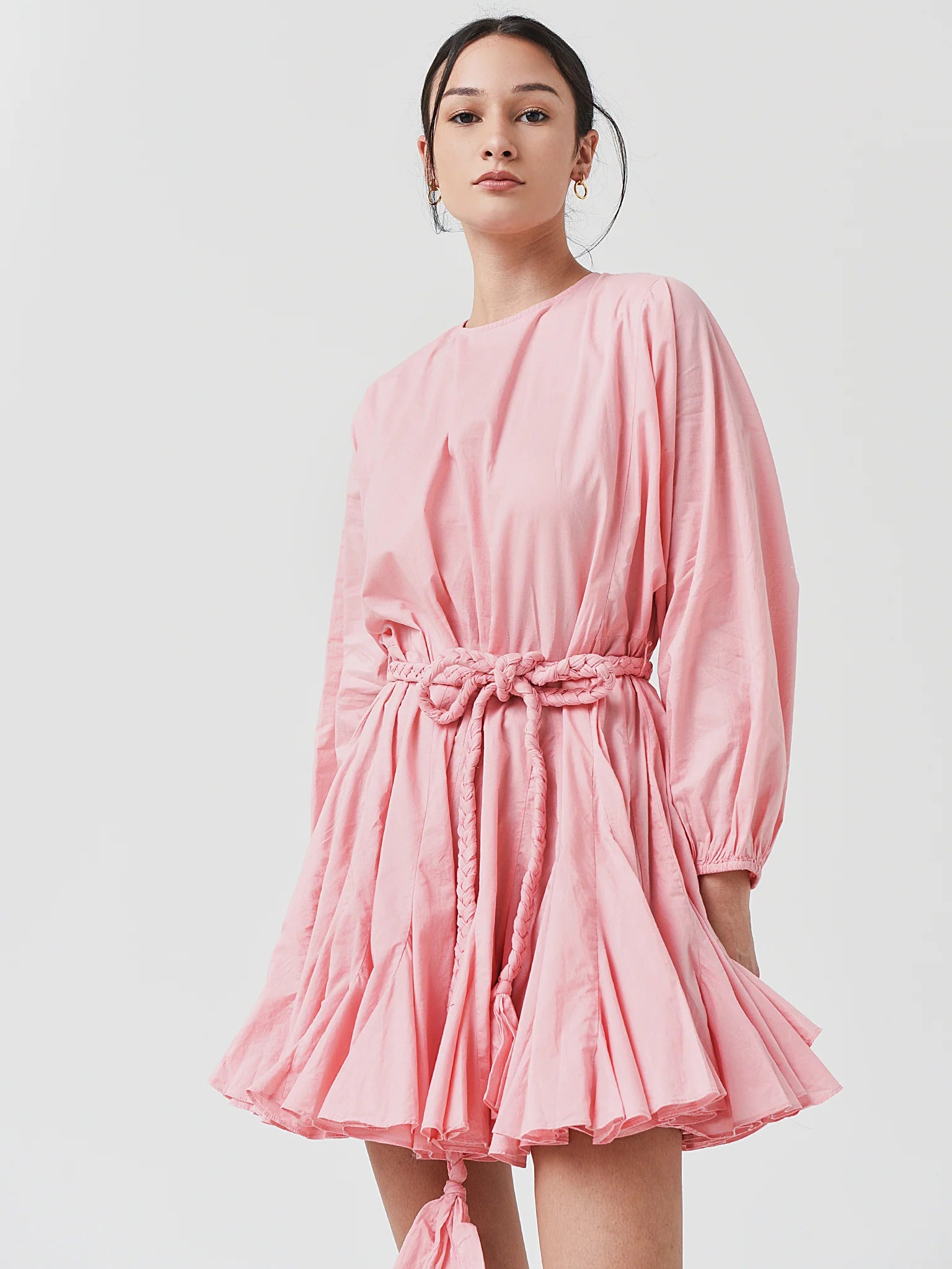 RHODE pink/coral long sleeve mini dress with braided belt