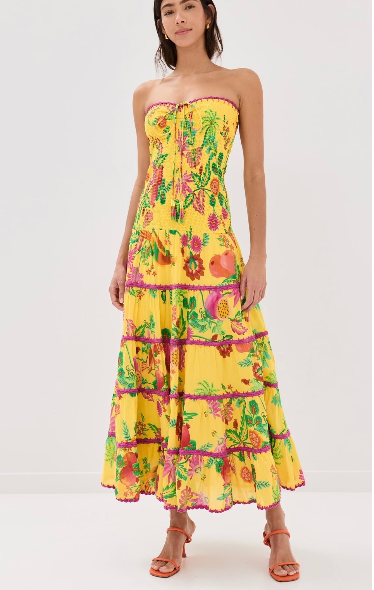 FARM Rio
Delicate Fruit Garden Yellow Smocked Maxi Dress