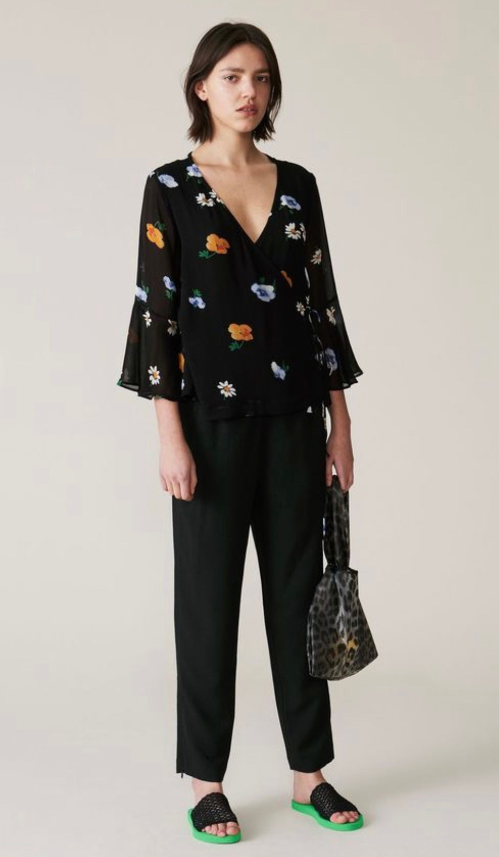 GANNI - Black Floral Wrap Top & Pants (sold as a set)